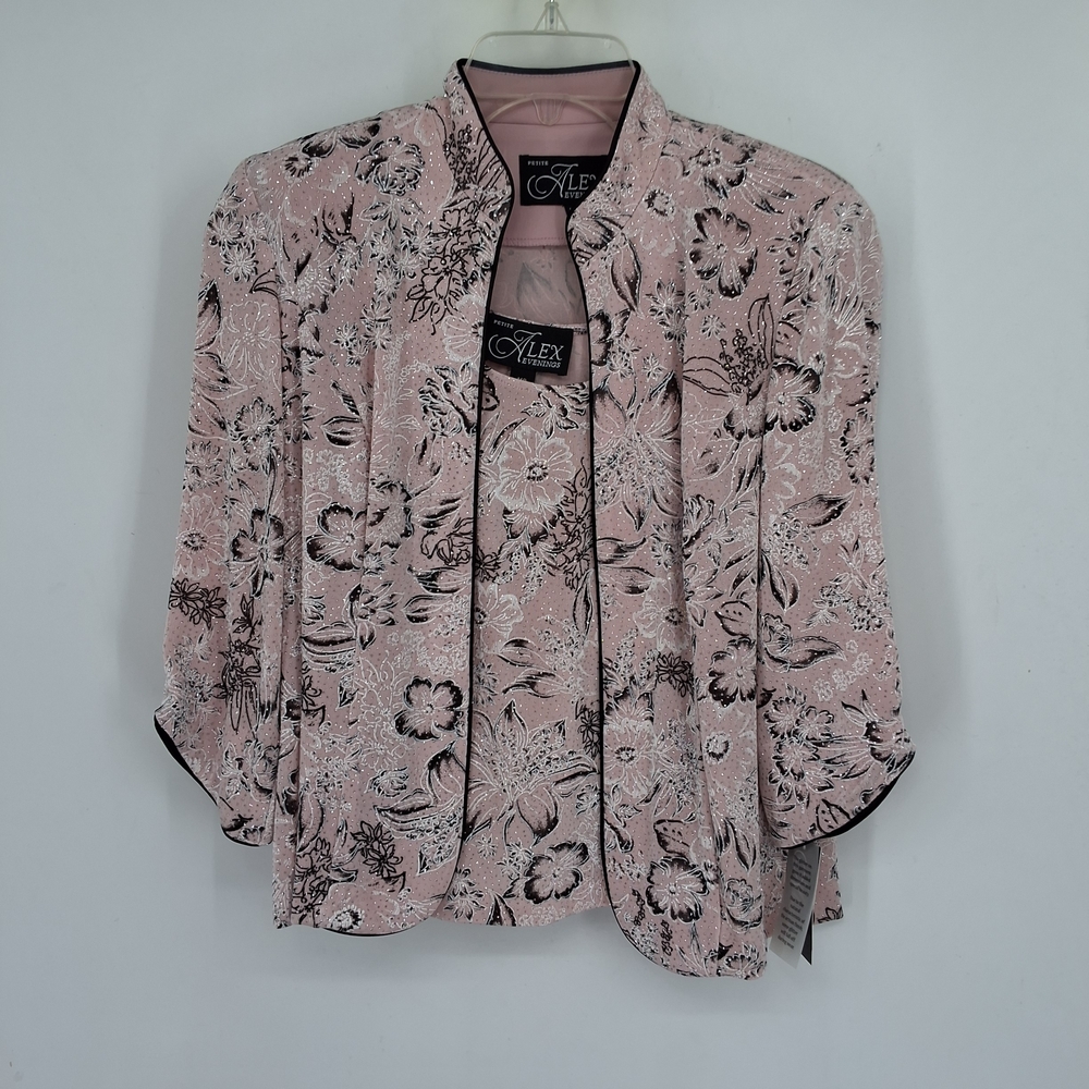 Alex Evenings  NWT MP SHELL Pink Floral Open-Front Jacket with Black Piping Set